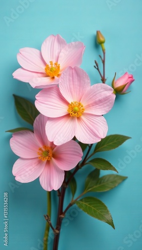 Elegant flower bouquet in pastel colors against blue backdrop, delicate, blossoms, romantic