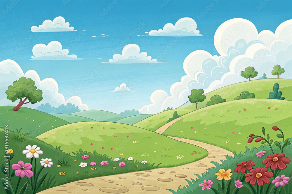 Fototapeta premium Winding path through vibrant green hills and wildflowers under a sunny sky.