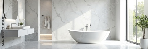 Elegant white and gray marble bathroom with freestanding bathtub, elegant, luxury, bathtub