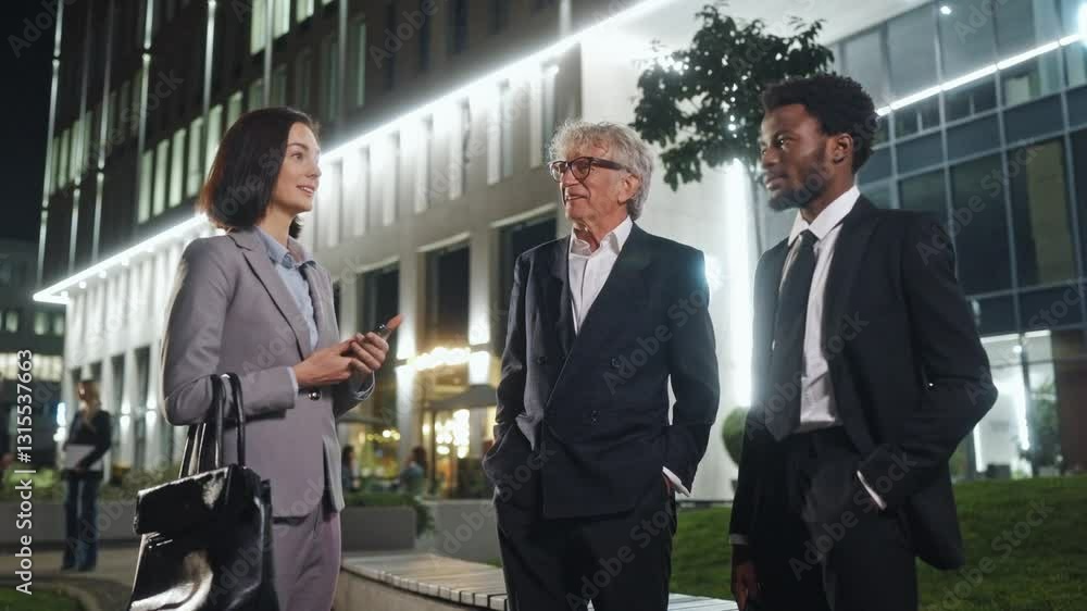 Office colleagues talking with boss outside at night. Men and woman communicating near modern business center. Multicultural people in official clothes having discussion outdoor. Ethnic diversity. Office colleagues talking with boss outside at night. Men and woman communicating near modern business center. Multicultural people in official clothes having discussion outdoor. Ethnic diversity.