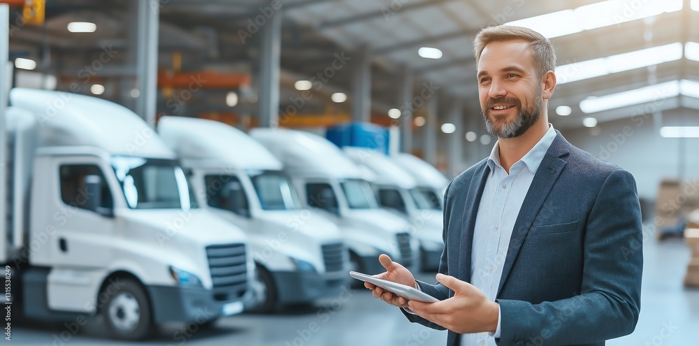 A confident businessman stands in a logistics warehouse, holding a tablet while managing the fleet of delivery trucks