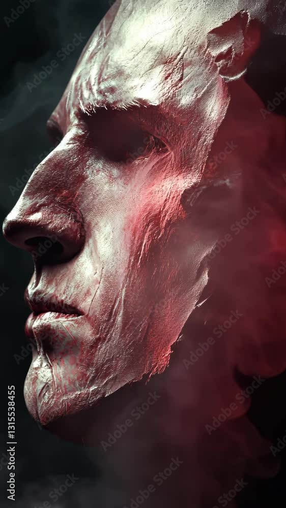 Detailed close-up of a textured red sculpture against a dark smoky background capturing emotional depth Detailed close-up of a textured red sculpture against a dark smoky background capturing emotional depth