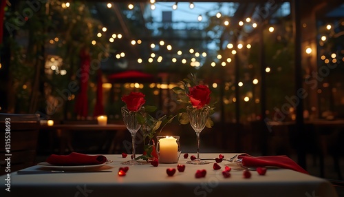 Romantic dinner, outdoor patio, night