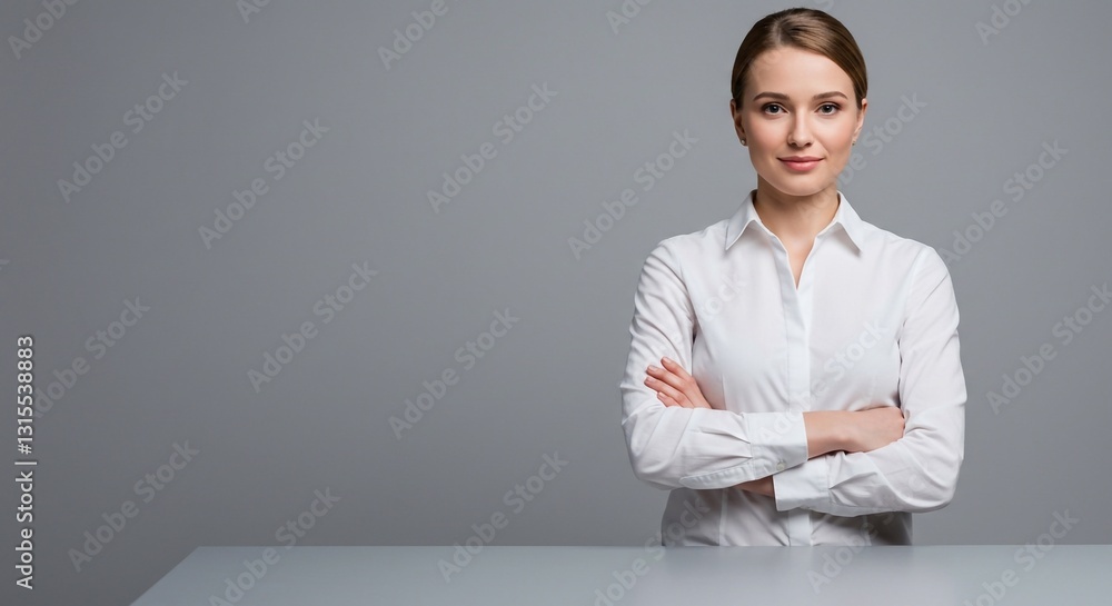 caucasian business lady in white shirt with folded hands at office desk isolated on gray background. copy space
caucasian business lady in white shirt with folded hands at office desk isolated on gray background. copy space