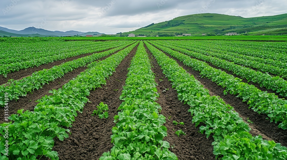 Rows of fresh green crops thriving in a rural countryside field Rows of fresh green crops thriving in a rural countryside field