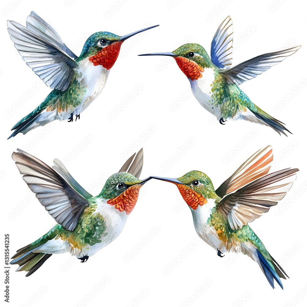 Fototapeta premium Stunning watercolor illustration of a hummingbird perched gracefully with detailed features and vibrant color palette