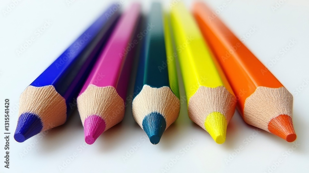 Five Colorful Pencils Arranged in a Row on White Background Five Colorful Pencils Arranged in a Row on White Background