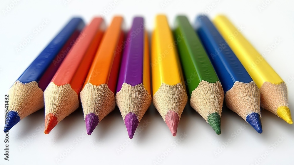 Colorful Pencils Arranged in a Row on White Background Colorful Pencils Arranged in a Row on White Background