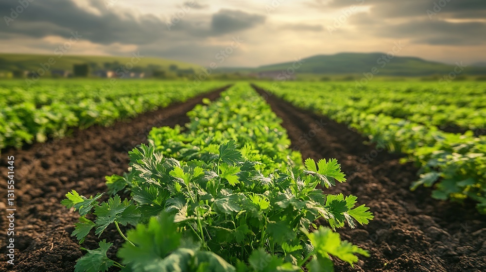 A beautiful field of fresh parsley plants growing outdoors A beautiful field of fresh parsley plants growing outdoors