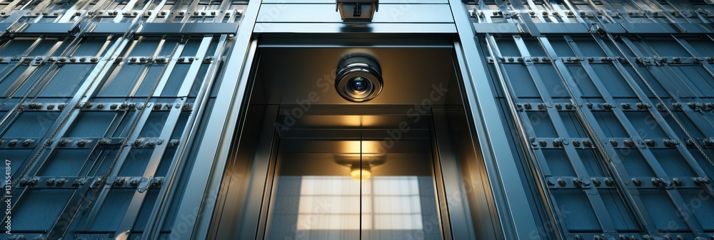 Fototapeta premium Secure bank entrance featuring a security camera and polished metals in bright daylight with ample space for text design