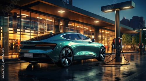 An electric car charging at a charging station