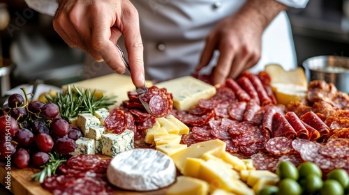 Chef carefully arranges a delicious charcuterie board with cheese and cold cuts