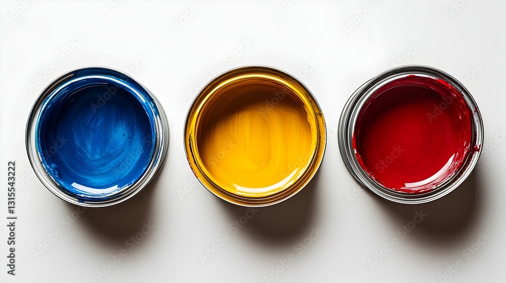 Three open paint cans filled with bright red blue and yellow paints on a neutral background for creative projects Three open paint cans filled with bright red blue and yellow paints on a neutral background for creative projects