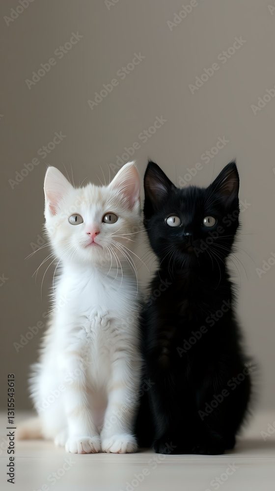 Black and white kittens sitting together, creating striking contrast against neutral background. Young cats with bright eyes looking upward in synchronized pose. Black and white kittens sitting together, creating striking contrast against neutral background. Young cats with bright eyes looking upward in synchronized pose.
