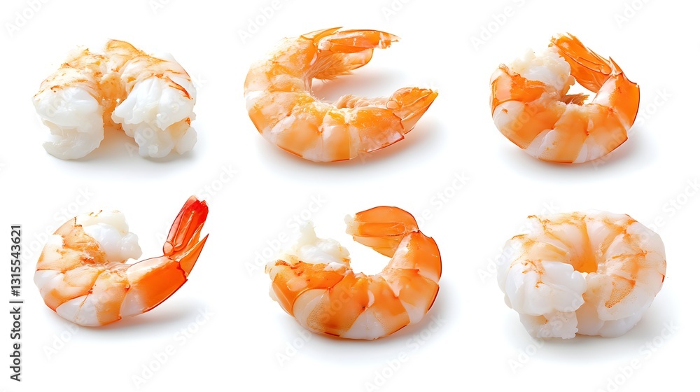 Six Cooked Shrimp Views Isolated on White Background Seafood Cuisine Food Photography