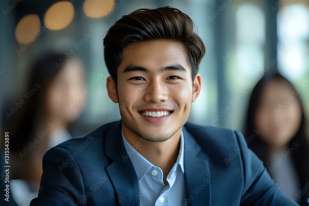 Young Asian businessman with confident smile wearing navy suit and blue shirt in corporate office setting with blurred background and bokeh lights. Young Asian businessman with confident smile wearing navy suit and blue shirt in corporate office setting with blurred background and bokeh lights.