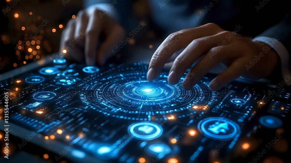 Obraz premium Hands interacting with futuristic digital interface displaying glowing blue circles and technology symbols on dark background with light particles and bokeh effects.