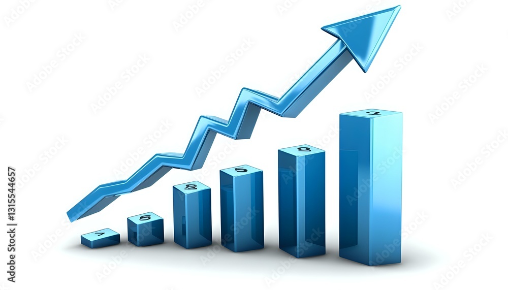 Growing blue bar chart with upward trending arrow showing progressive increase in business performance and financial growth statistics on white background. Growing blue bar chart with upward trending arrow showing progressive increase in business performance and financial growth statistics on white background.