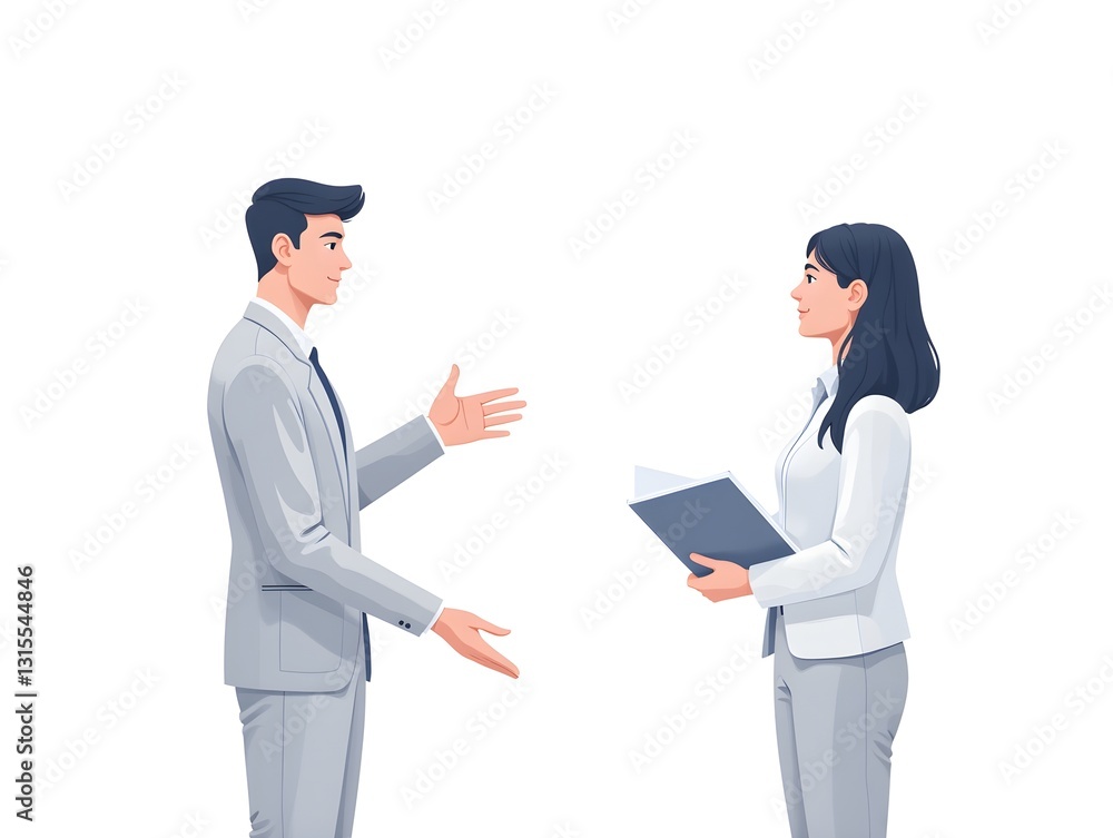 AI generated Business discussion of man and woman standing talking about document and holding document. continuous one line art drawing of business meeting with handshake AI generated Business discussion of man and woman standing talking about document and holding document. continuous one line art drawing of business meeting with handshake