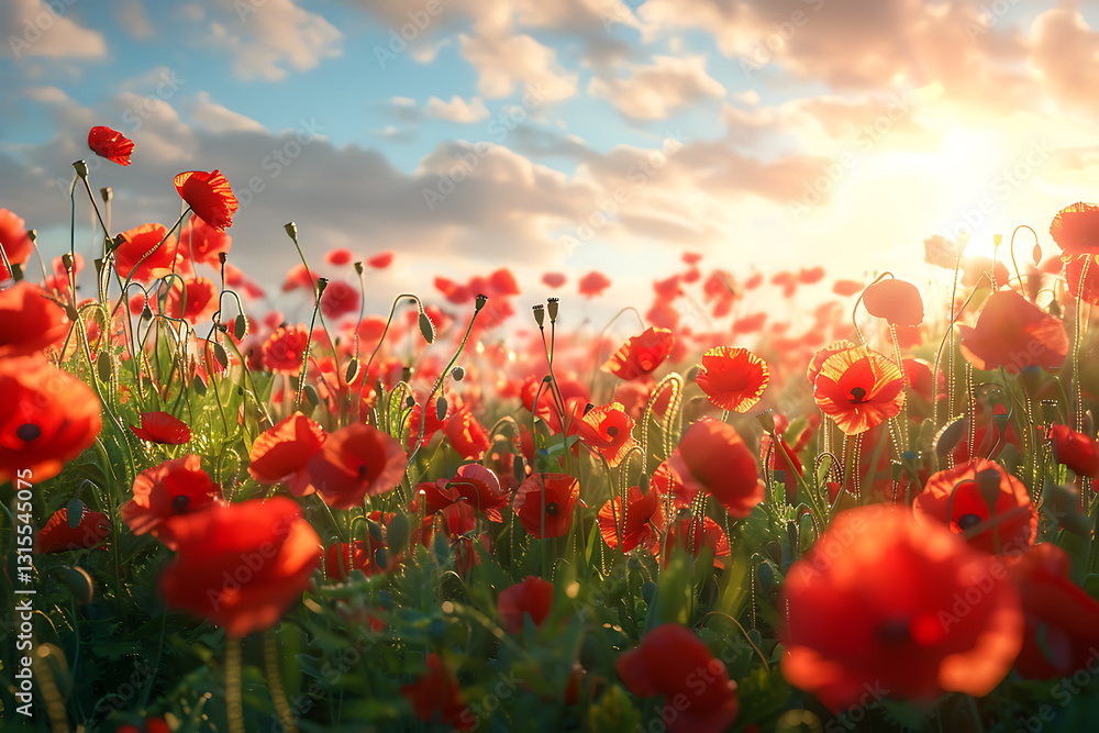 Obraz premium memorial day celebration, flags proudly waving, red poppy wreaths, and solemn remembrance under the warm memorial day sun