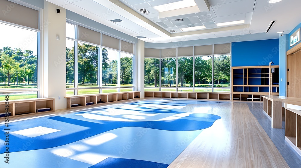 Fototapeta premium Bright Modern Yoga Studio Room with Large Windows and Blue Flooring