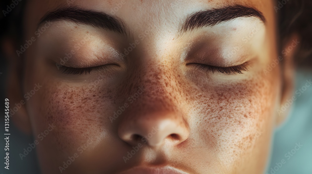 Fototapeta premium Realistic close-up of a person’s face with a calm expression as they practice deep breathing exercises, natural light