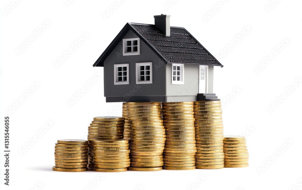 A small grey house model rests atop stacks of gold coins against a stark white background. The image symbolizes real estate investment, homeownership, or financial security A small grey house model rests atop stacks of gold coins against a stark white background. The image symbolizes real estate investment, homeownership, or financial security