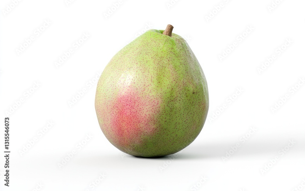 Close-up of a single guava fruit, predominantly green with pink speckles, set against a clean white background. The guava is positioned slightly off-center, casting a subtle shadow Close-up of a single guava fruit, predominantly green with pink speckles, set against a clean white background. The guava is positioned slightly off-center, casting a subtle shadow
