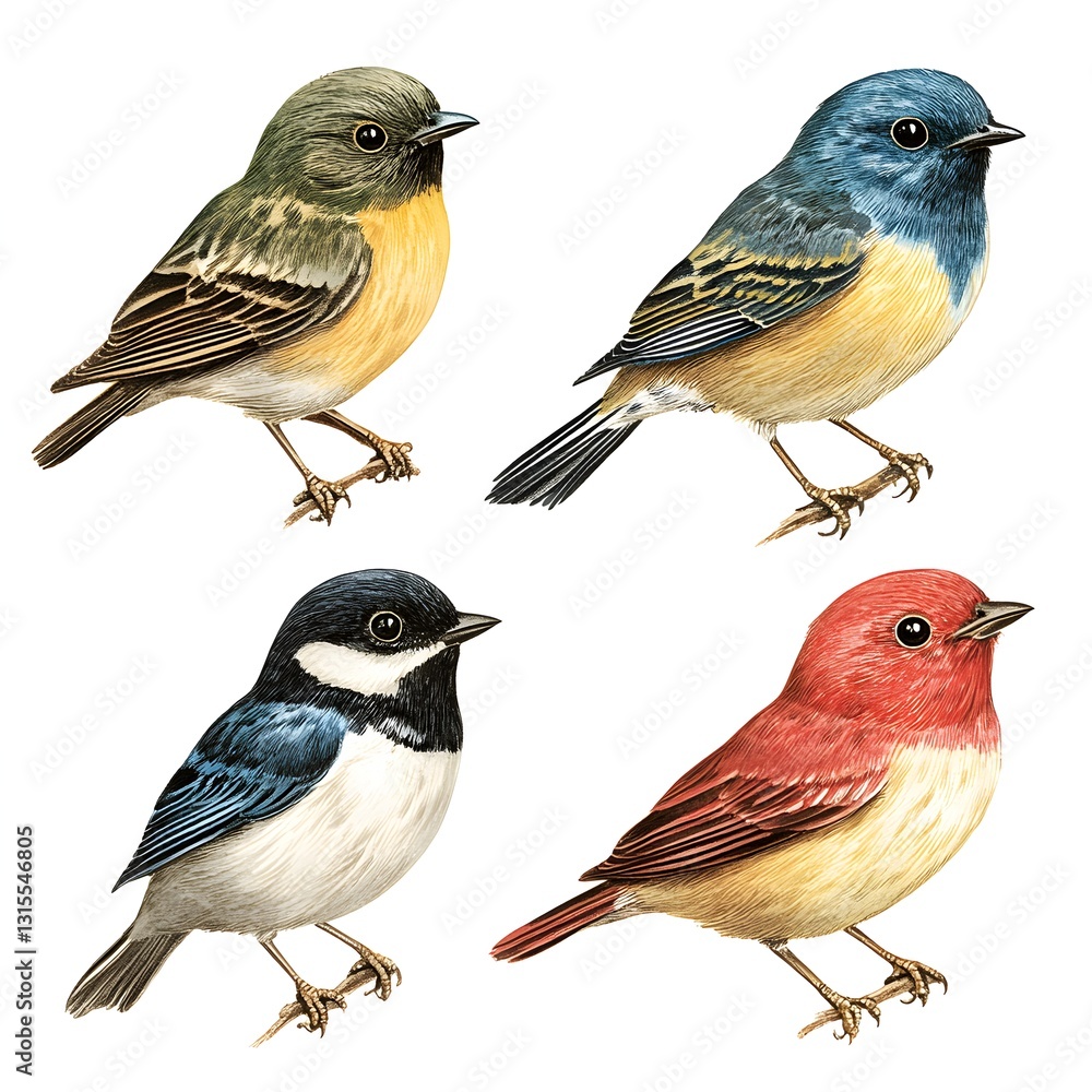 Fototapeta premium Illustrated depiction of four small birds in different colors displaying their unique characteristics together