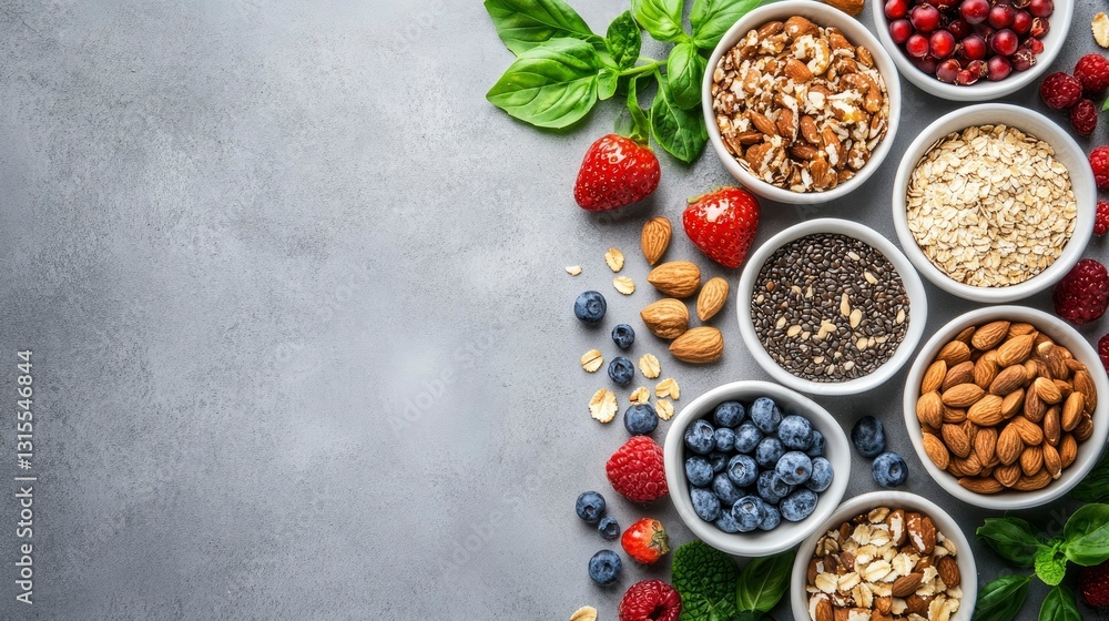 Healthy Breakfast Bowl Ingredients Superfoods, Nuts, Berries, and Oats on Grey Background Healthy Breakfast Bowl Ingredients Superfoods, Nuts, Berries, and Oats on Grey Background