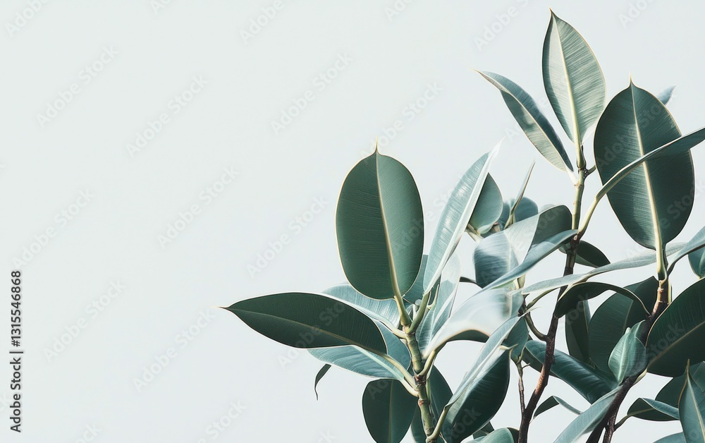 Close-up view of lush green leaves against a light blue-gray background. The image features a sprig of a plant with smooth, oval-shaped leaves, illuminated with soft lighting, creating a serene and Close-up view of lush green leaves against a light blue-gray background. The image features a sprig of a plant with smooth, oval-shaped leaves, illuminated with soft lighting, creating a serene and