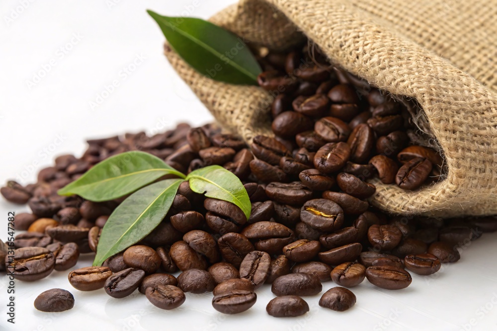 Fototapeta premium Roasted coffee beans spilling from burlap sack with green leaves