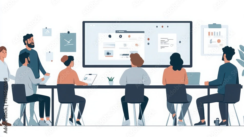 Collaborative teamwork meeting with screen display illustration, office scenario Collaborative teamwork meeting with screen display illustration, office scenario