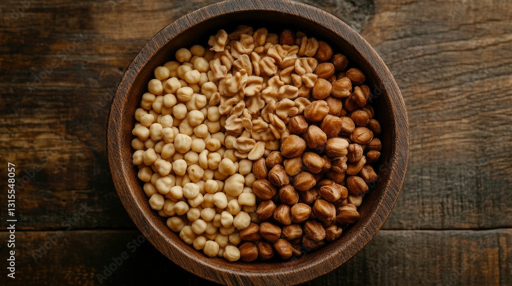 Wooden Bowl of Assorted Nuts and Grains Chickpeas, Wheat, and Hazelnuts Wooden Bowl of Assorted Nuts and Grains Chickpeas, Wheat, and Hazelnuts