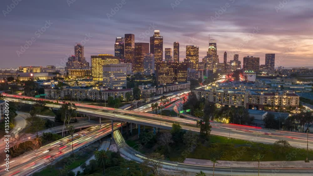 Aerial day-to-night time-lapse of Los Angeles traffic and downtown cityscape Aerial day-to-night time-lapse of Los Angeles traffic and downtown cityscape