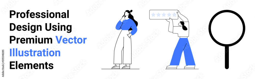 Woman pondering, person holding five-star rating banner, large magnifying glass. Ideal for feedback, quality, ratings, review analysis, search functionality, decision-making flat landing page banner
