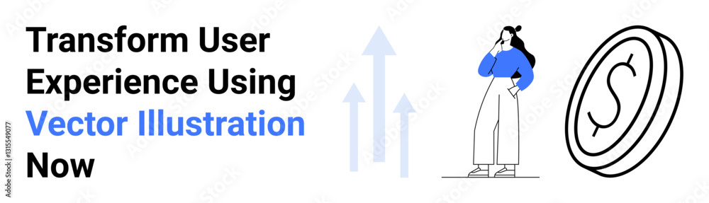 Woman thinking next to growing arrows and currency coin. Ideal for finance, investment, business growth, strategy, user experience, digital tools, flat landing page banner Woman thinking next to growing arrows and currency coin. Ideal for finance, investment, business growth, strategy, user experience, digital tools, flat landing page banner