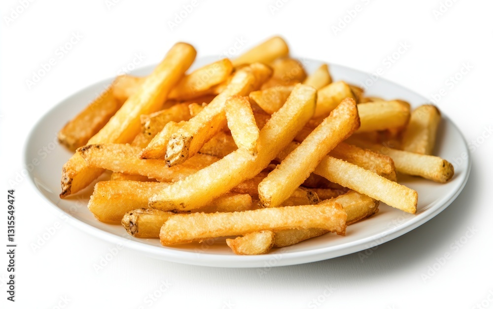 Golden french fries on a white plate, isolated on white background. Crispy, seasoned potatoes Golden french fries on a white plate, isolated on white background. Crispy, seasoned potatoes