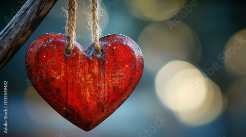 Rustic Red Wooden Heart Hanging Ornament with Bokeh Background