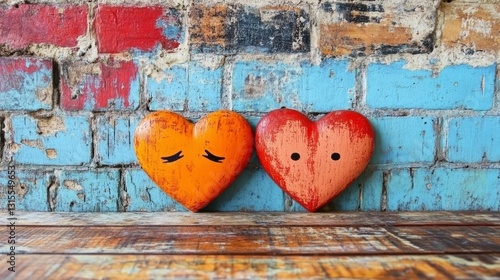 Two Wooden Hearts Against a Rustic Brick Wall A Symbol of Love and Relationships