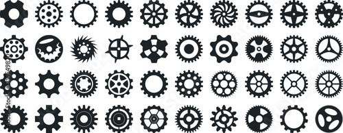 Gear icon vector set, black cogwheel vector collection, mechanical gear shapes, engineering symbols, industrial machinery, sprocket designs