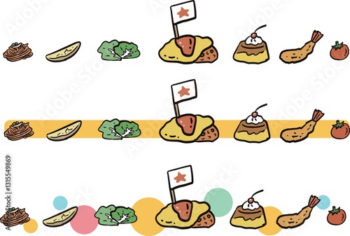 お子様ランチの具材のラインイラストセット