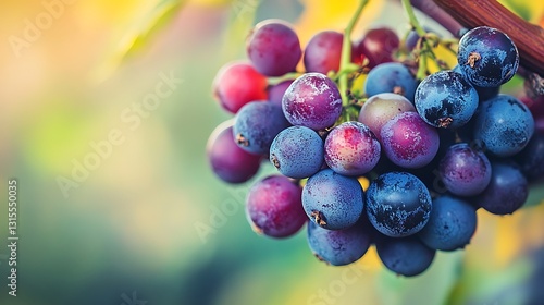 Wallpaper Mural Realistic close-up of a cluster of colorful, ripe berries on the vine, with detailed textures & soft, natural light, blurred, garden background Torontodigital.ca