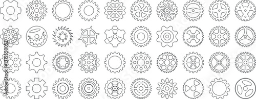Gear icon vector set, black cogwheel vector collection, mechanical gear shapes, engineering symbols, industrial machinery, sprocket designs