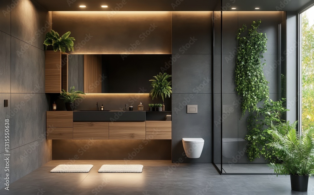 Fototapeta premium Modern minimalist bathroom design featuring natural elements and sleek finishes, with an emphasis on greenery and advanced lighting techniques for ambiance