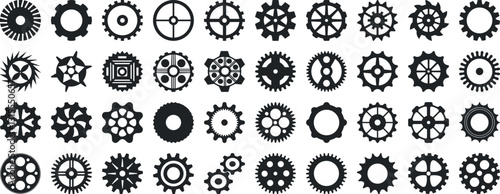 Gear icon vector set, black cogwheel vector collection, mechanical gear shapes, engineering symbols, industrial machinery, sprocket designs
