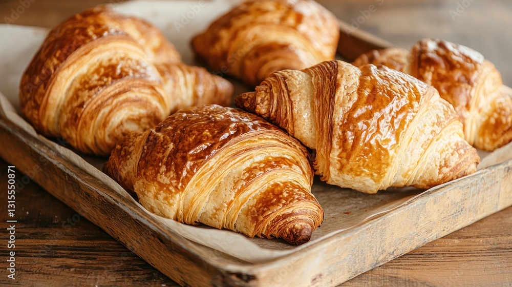 Golden brown croissants arranged on a rustic wooden tray. The pastries are freshly baked and have a flaky, layered texture. Warm lighting enhances the visual appeal Golden brown croissants arranged on a rustic wooden tray. The pastries are freshly baked and have a flaky, layered texture. Warm lighting enhances the visual appeal