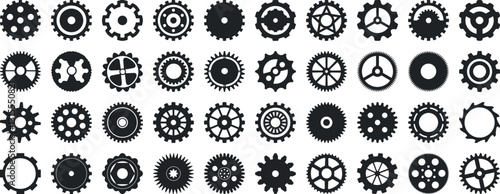 Gear icon vector set, black cogwheel vector collection, mechanical gear shapes, engineering symbols, industrial machinery, sprocket designs
