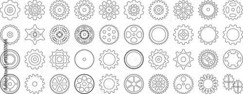 Gear icon vector set, black cogwheel vector collection, mechanical gear shapes, engineering symbols, industrial machinery, sprocket designs