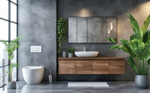 Modern Minimalist Bathroom Design with Stylish Fixtures, Elegant Plants, Large Window, and Sleek Vanity in Contemporary Urban Setting